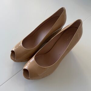 Stuart Weitzman Tan Peep-Toe Wedges